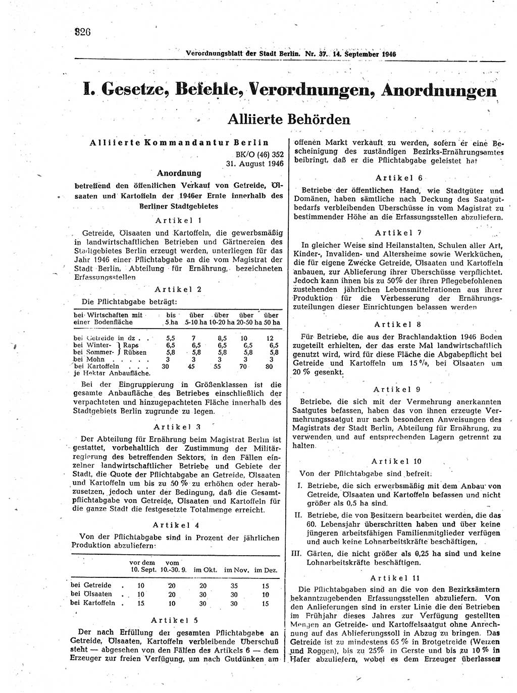 Verordnungsblatt (VOBl.) der Stadt Berlin, für Groß-Berlin 1946, Seite 326 (VOBl. Bln. 1946, S. 326)