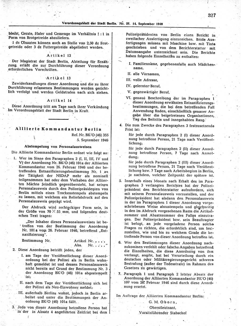 Verordnungsblatt (VOBl.) der Stadt Berlin, für Groß-Berlin 1946, Seite 327 (VOBl. Bln. 1946, S. 327)