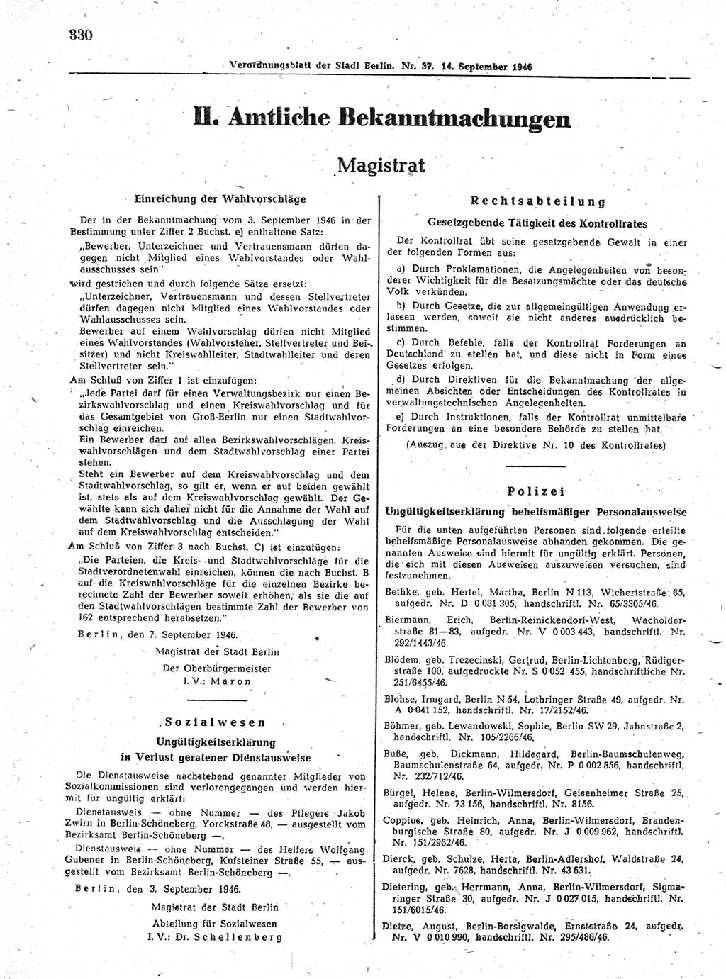 Verordnungsblatt (VOBl.) der Stadt Berlin, für Groß-Berlin 1946, Seite 330 (VOBl. Bln. 1946, S. 330)