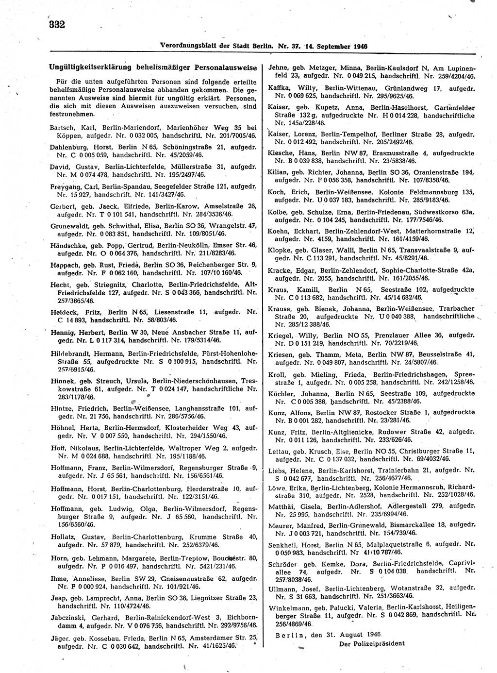 Verordnungsblatt (VOBl.) der Stadt Berlin, für Groß-Berlin 1946, Seite 332 (VOBl. Bln. 1946, S. 332)