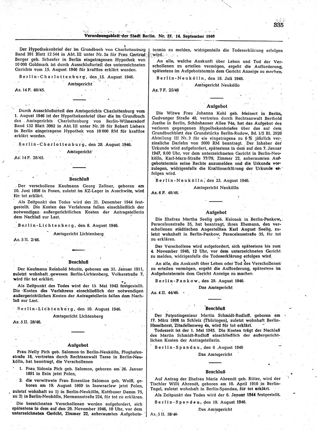 Verordnungsblatt (VOBl.) der Stadt Berlin, für Groß-Berlin 1946, Seite 335 (VOBl. Bln. 1946, S. 335)