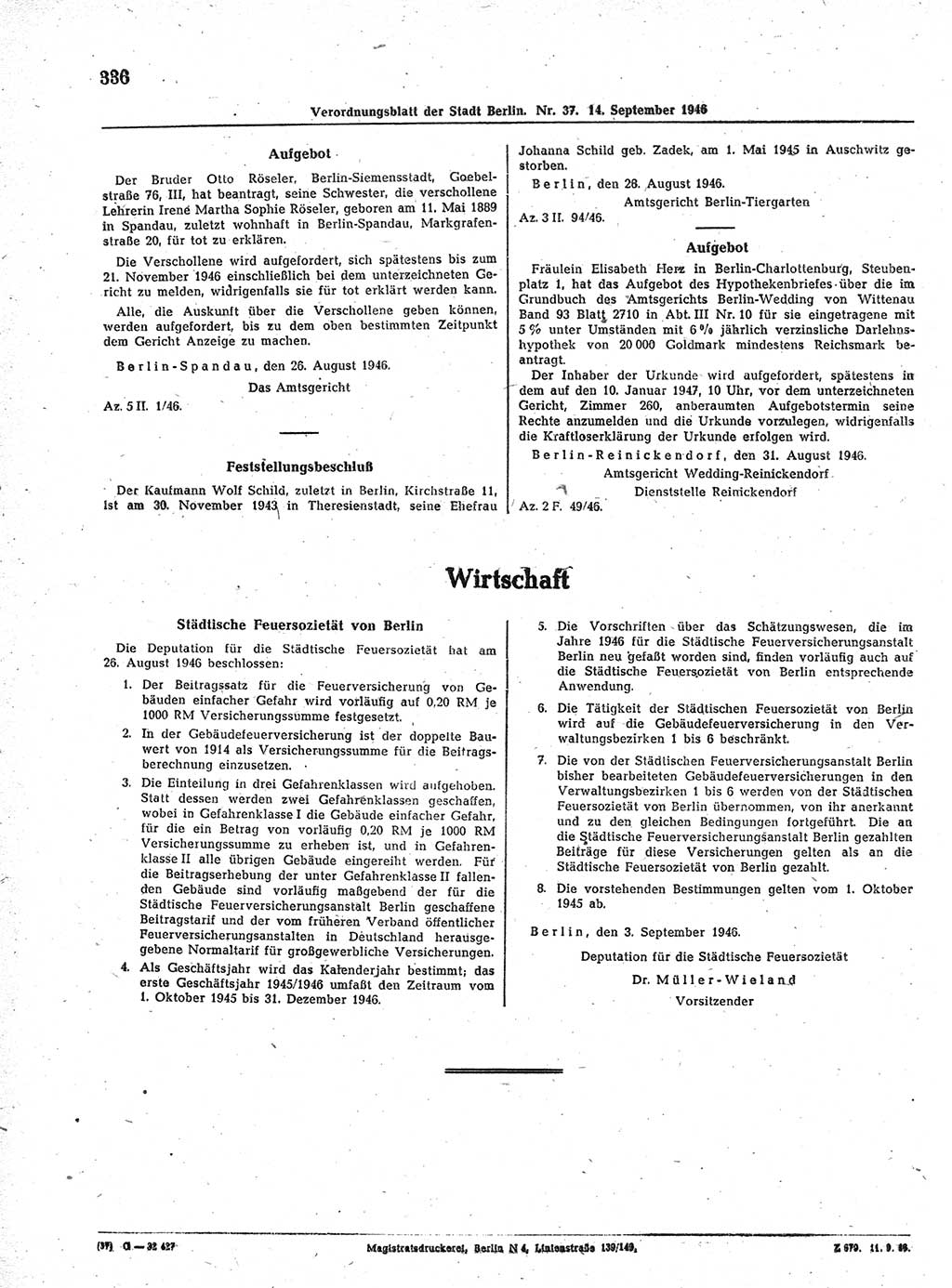 Verordnungsblatt (VOBl.) der Stadt Berlin, für Groß-Berlin 1946, Seite 336 (VOBl. Bln. 1946, S. 336)