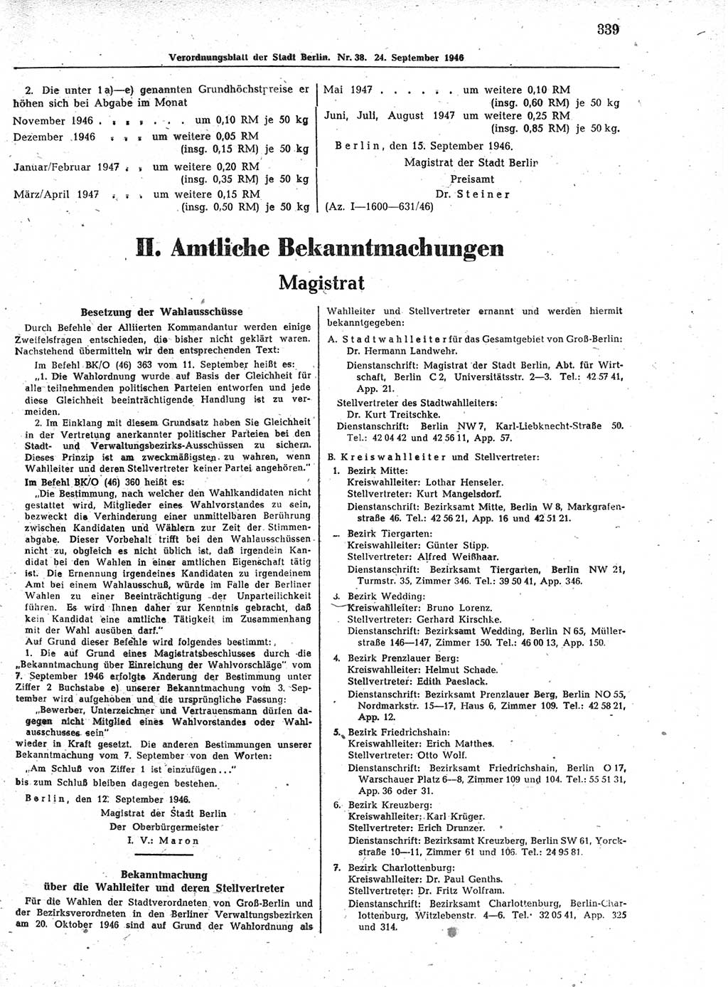 Verordnungsblatt (VOBl.) der Stadt Berlin, für Groß-Berlin 1946, Seite 339 (VOBl. Bln. 1946, S. 339)
