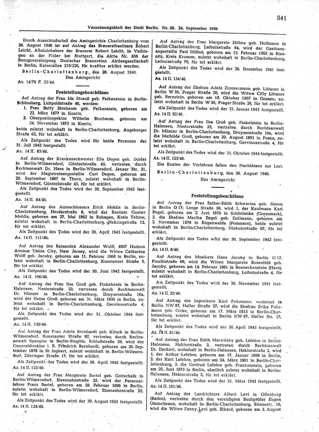 Verordnungsblatt (VOBl.) der Stadt Berlin, für Groß-Berlin 1946, Seite 341 (VOBl. Bln. 1946, S. 341)
