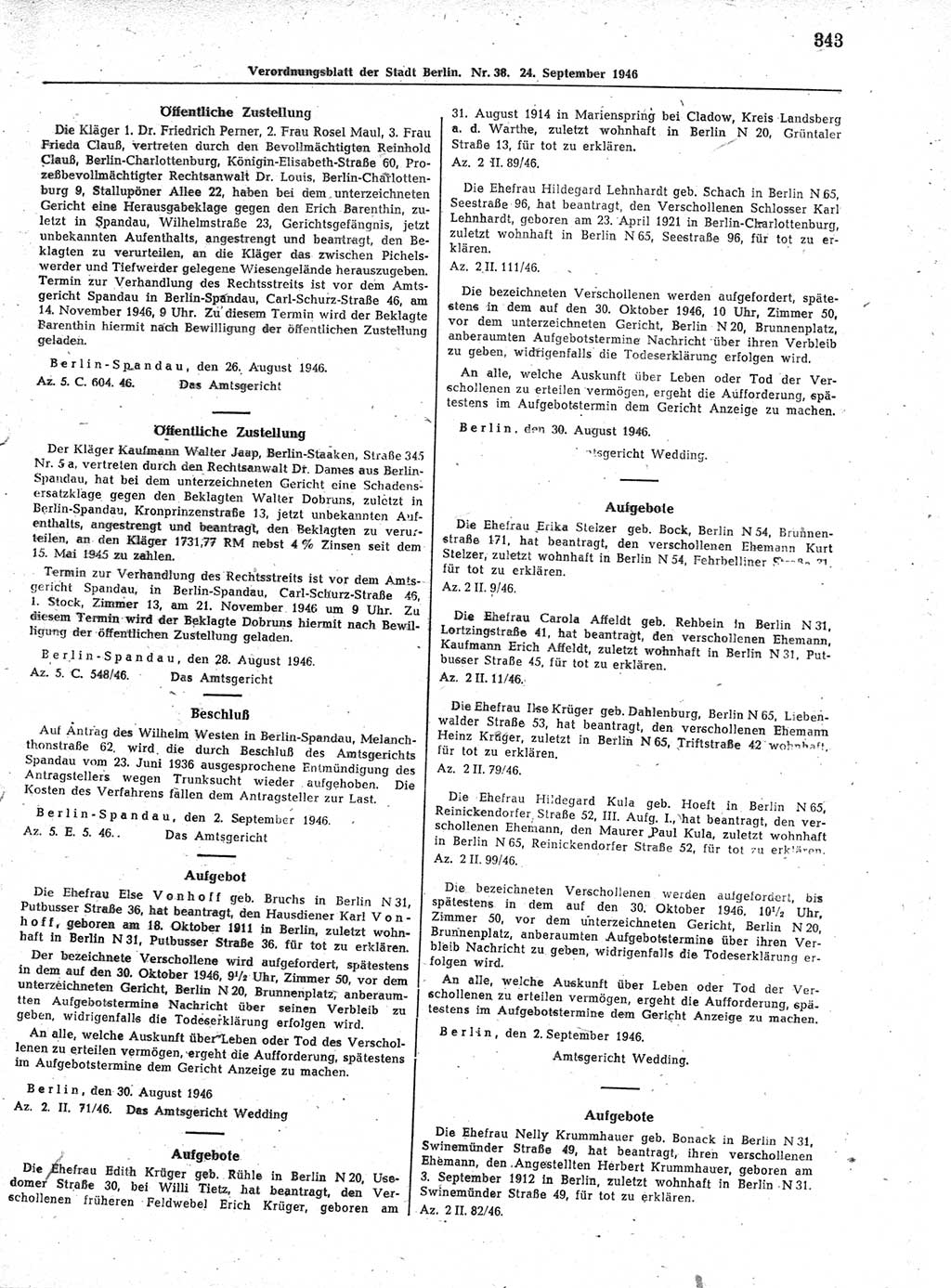 Verordnungsblatt (VOBl.) der Stadt Berlin, für Groß-Berlin 1946, Seite 343 (VOBl. Bln. 1946, S. 343)