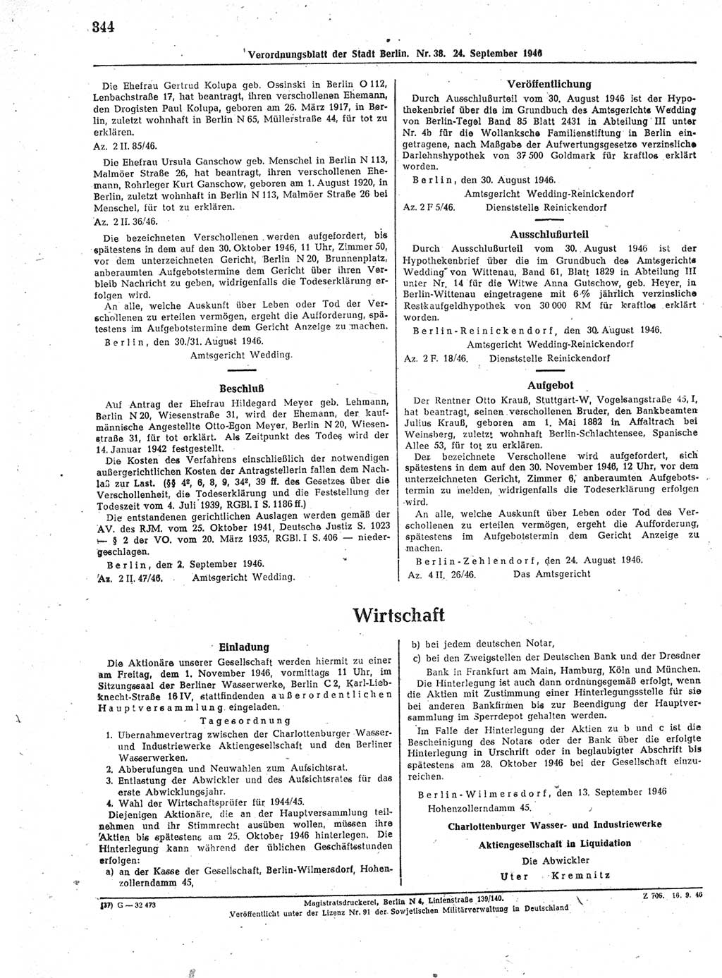 Verordnungsblatt (VOBl.) der Stadt Berlin, für Groß-Berlin 1946, Seite 344 (VOBl. Bln. 1946, S. 344)