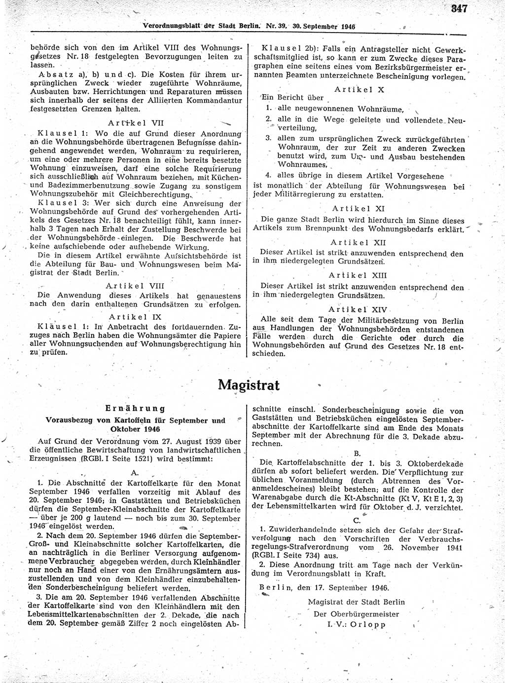 Verordnungsblatt (VOBl.) der Stadt Berlin, für Groß-Berlin 1946, Seite 347 (VOBl. Bln. 1946, S. 347)