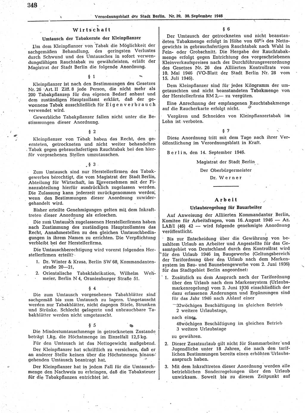 Verordnungsblatt (VOBl.) der Stadt Berlin, für Groß-Berlin 1946, Seite 348 (VOBl. Bln. 1946, S. 348)