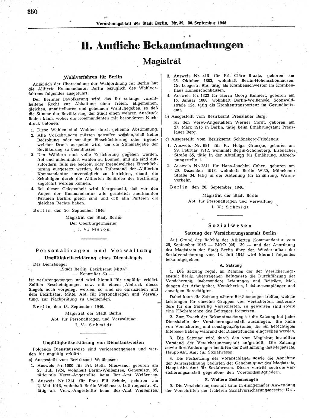 Verordnungsblatt (VOBl.) der Stadt Berlin, für Groß-Berlin 1946, Seite 350 (VOBl. Bln. 1946, S. 350)