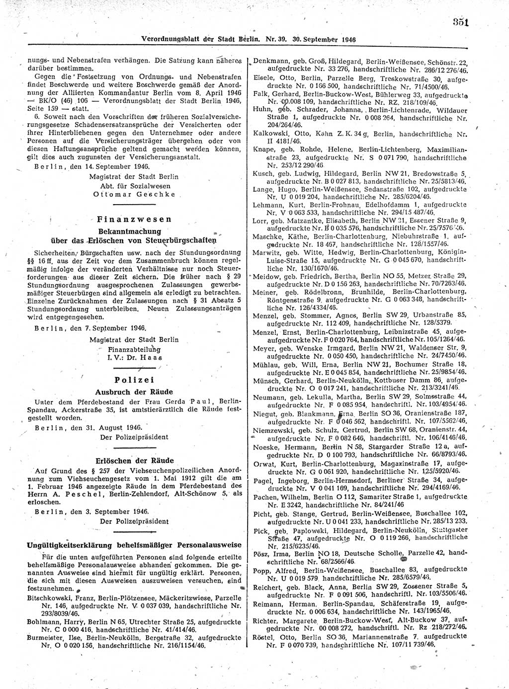 Verordnungsblatt (VOBl.) der Stadt Berlin, für Groß-Berlin 1946, Seite 351 (VOBl. Bln. 1946, S. 351)