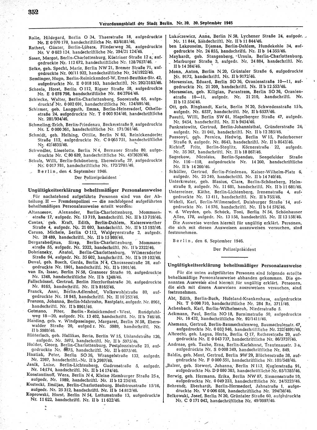 Verordnungsblatt (VOBl.) der Stadt Berlin, für Groß-Berlin 1946, Seite 352 (VOBl. Bln. 1946, S. 352)