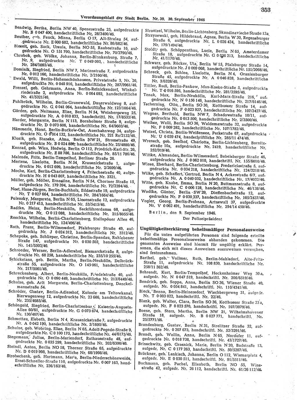 Verordnungsblatt (VOBl.) der Stadt Berlin, für Groß-Berlin 1946, Seite 353 (VOBl. Bln. 1946, S. 353)