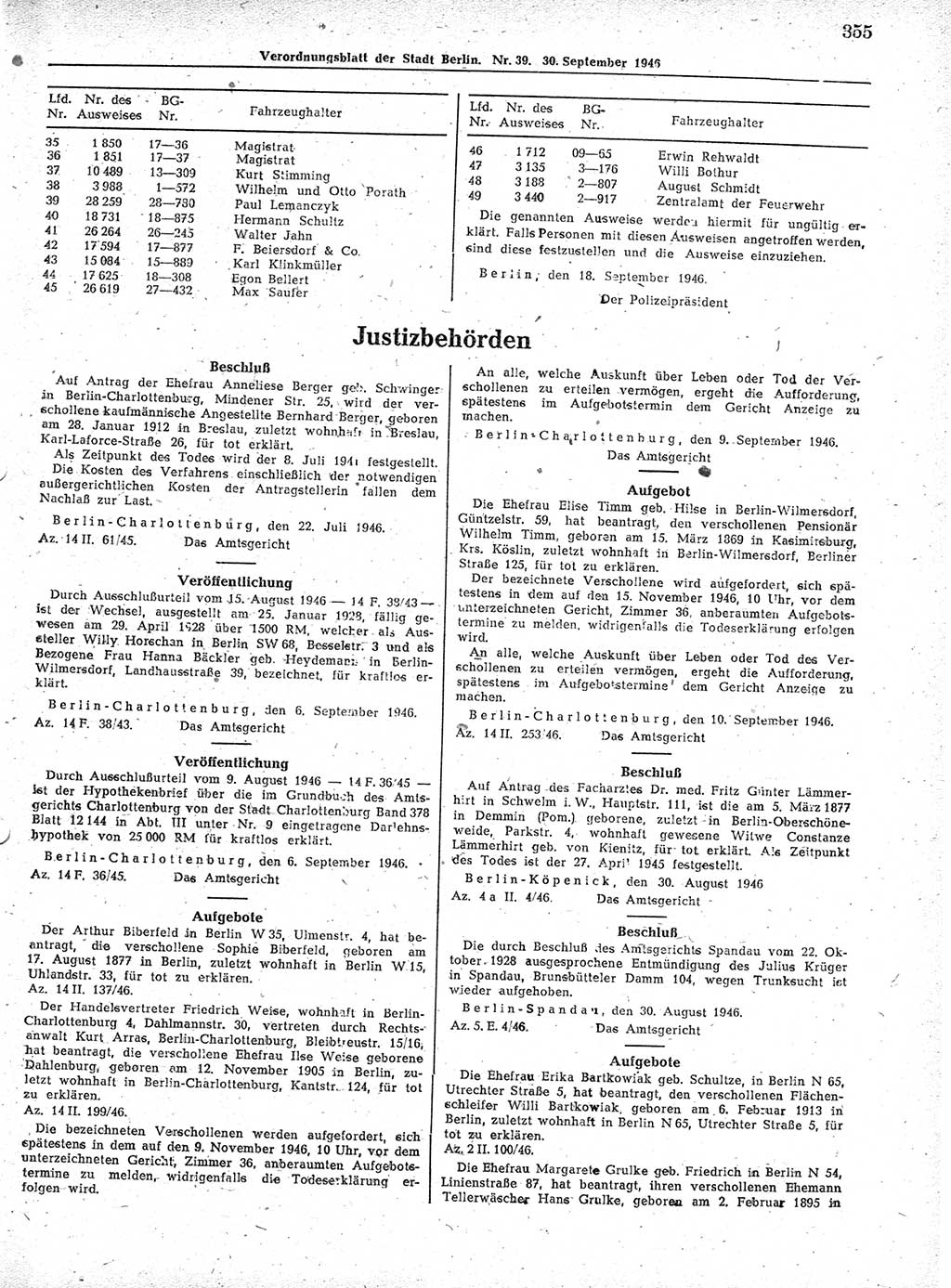 Verordnungsblatt (VOBl.) der Stadt Berlin, für Groß-Berlin 1946, Seite 355 (VOBl. Bln. 1946, S. 355)