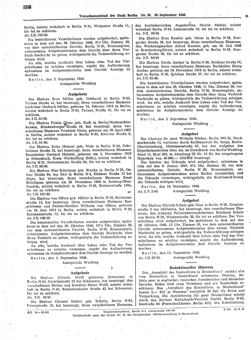 Verordnungsblatt (VOBl.) der Stadt Berlin, für Groß-Berlin 1946, Seite 356 (VOBl. Bln. 1946, S. 356)