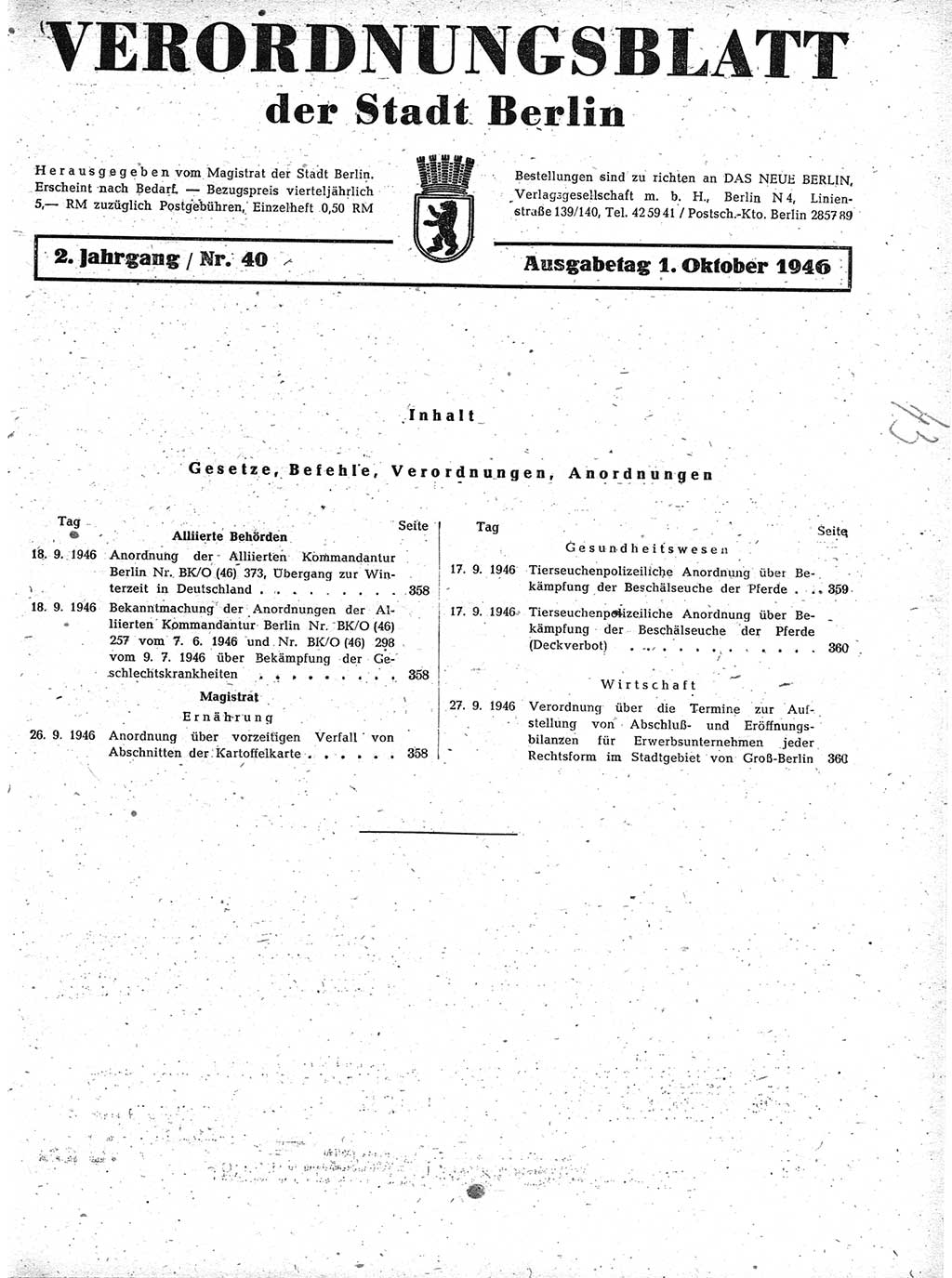 Verordnungsblatt (VOBl.) der Stadt Berlin, für Groß-Berlin 1946, Seite 357 (VOBl. Bln. 1946, S. 357)