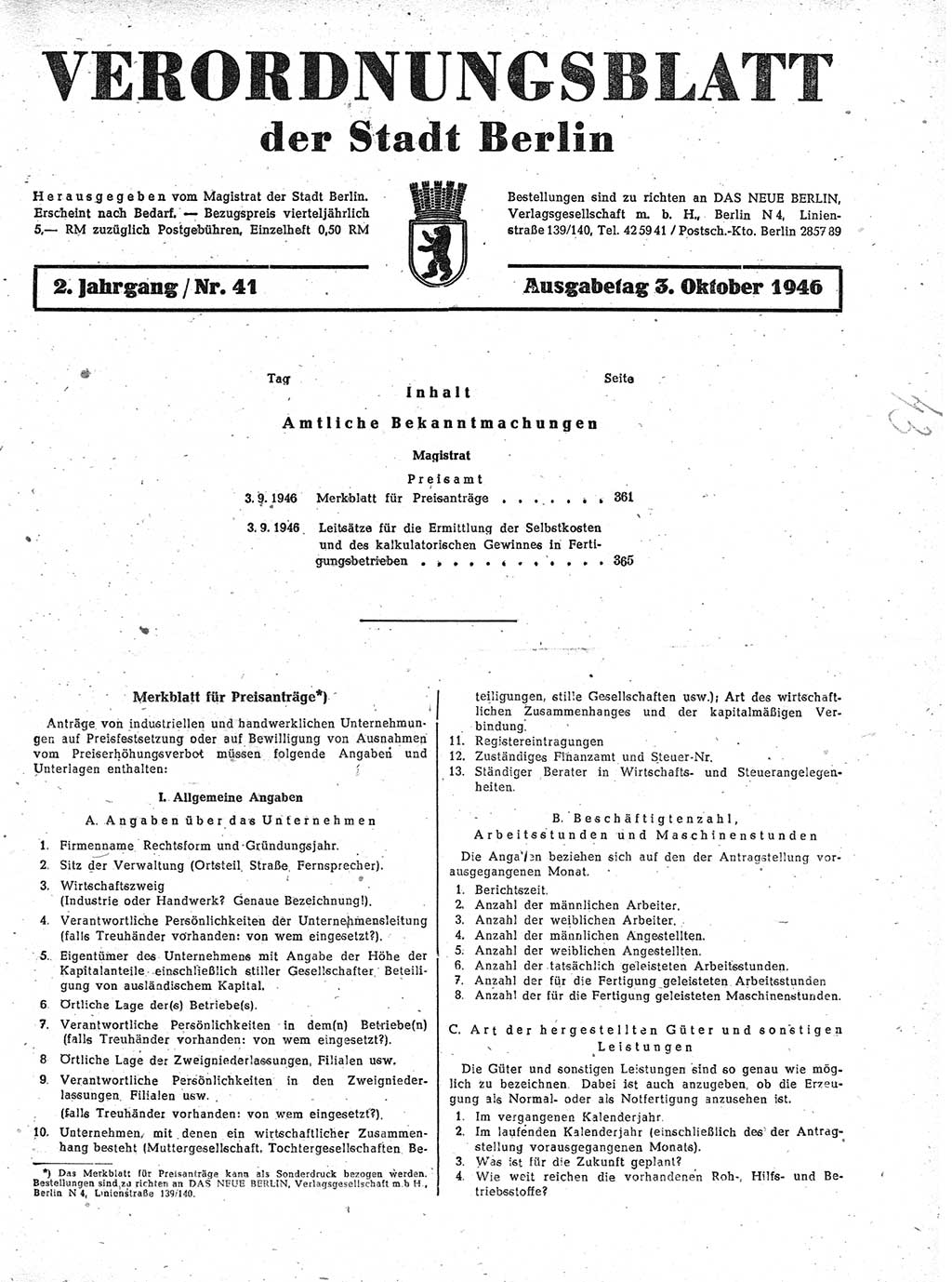 Verordnungsblatt (VOBl.) der Stadt Berlin, für Groß-Berlin 1946, Seite 361 (VOBl. Bln. 1946, S. 361)