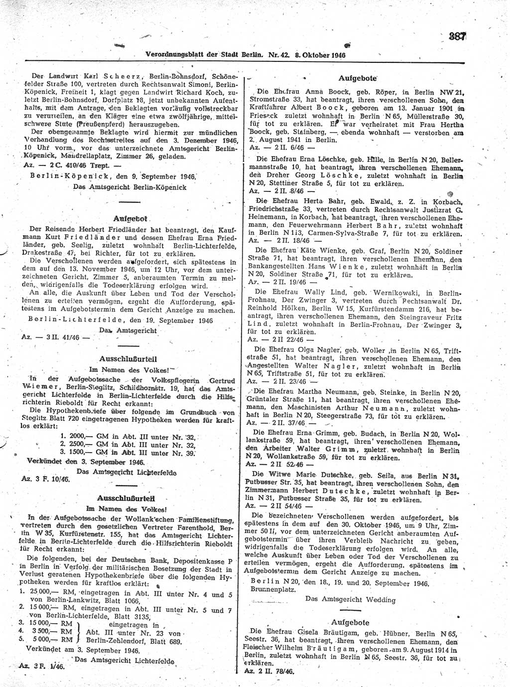 Verordnungsblatt (VOBl.) der Stadt Berlin, für Groß-Berlin 1946, Seite 387 (VOBl. Bln. 1946, S. 387)