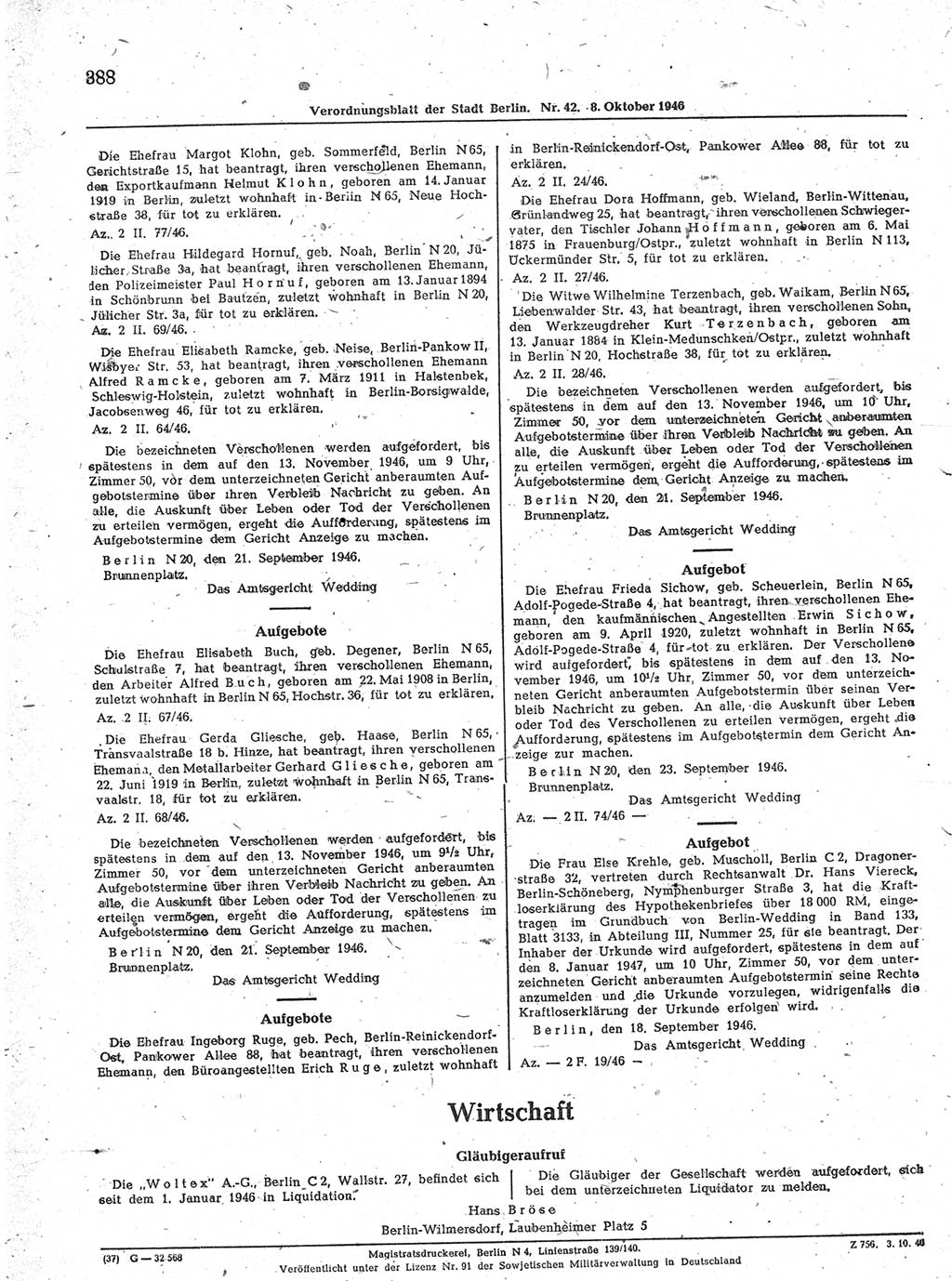 Verordnungsblatt (VOBl.) der Stadt Berlin, für Groß-Berlin 1946, Seite 388 (VOBl. Bln. 1946, S. 388)