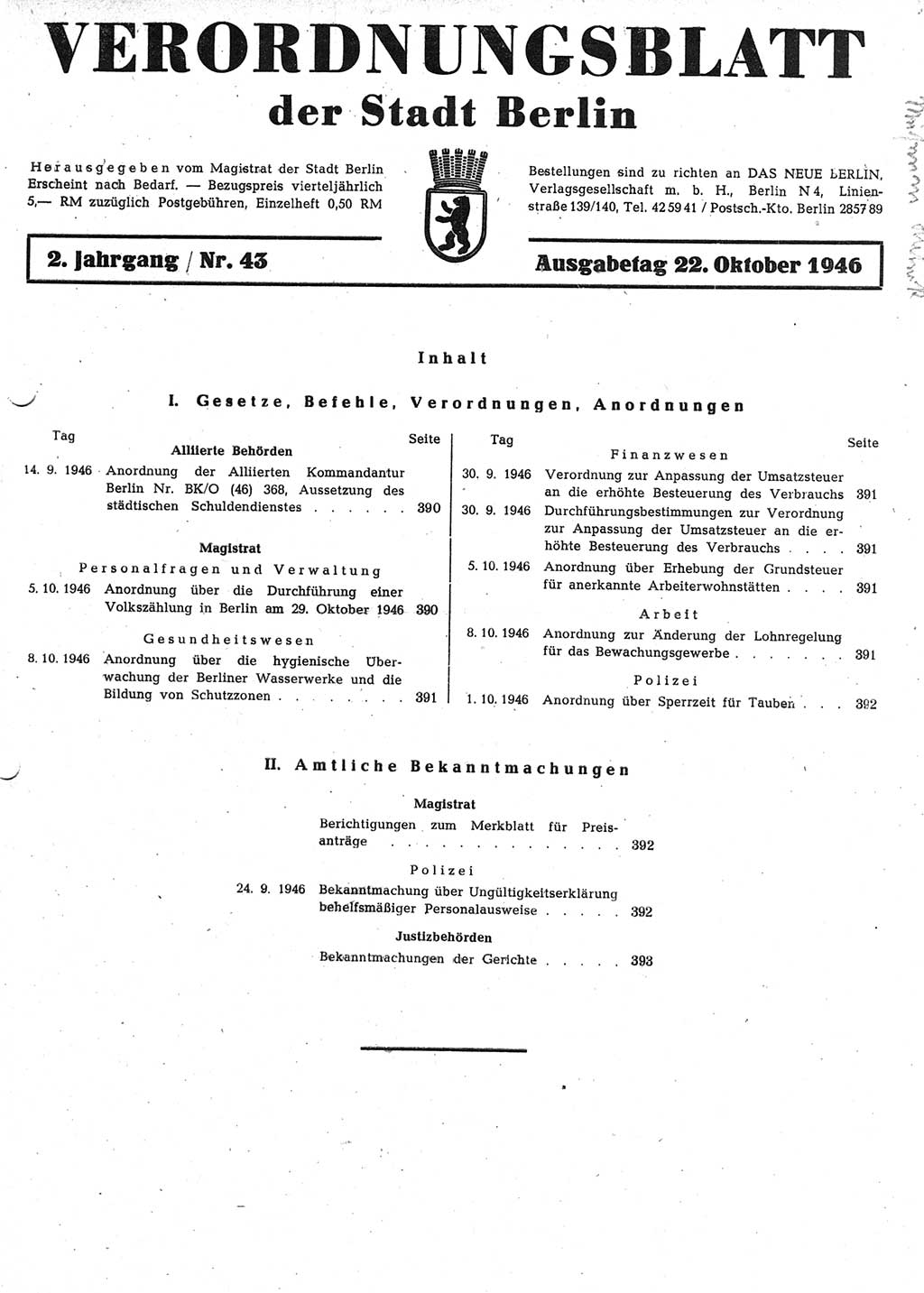 Verordnungsblatt (VOBl.) der Stadt Berlin, für Groß-Berlin 1946, Seite 389 (VOBl. Bln. 1946, S. 389)