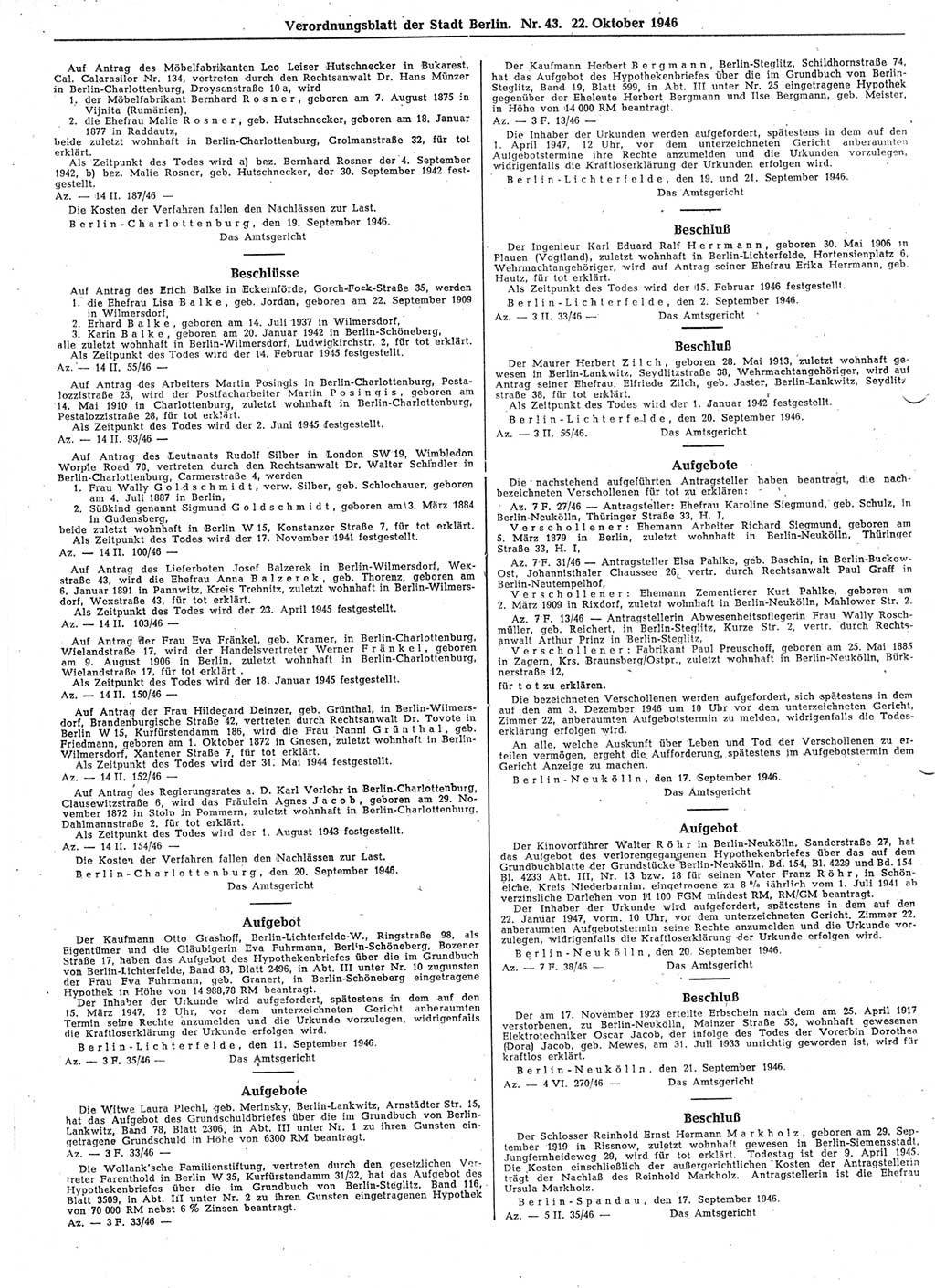 Verordnungsblatt (VOBl.) der Stadt Berlin, für Groß-Berlin 1946, Seite 394 (VOBl. Bln. 1946, S. 394)