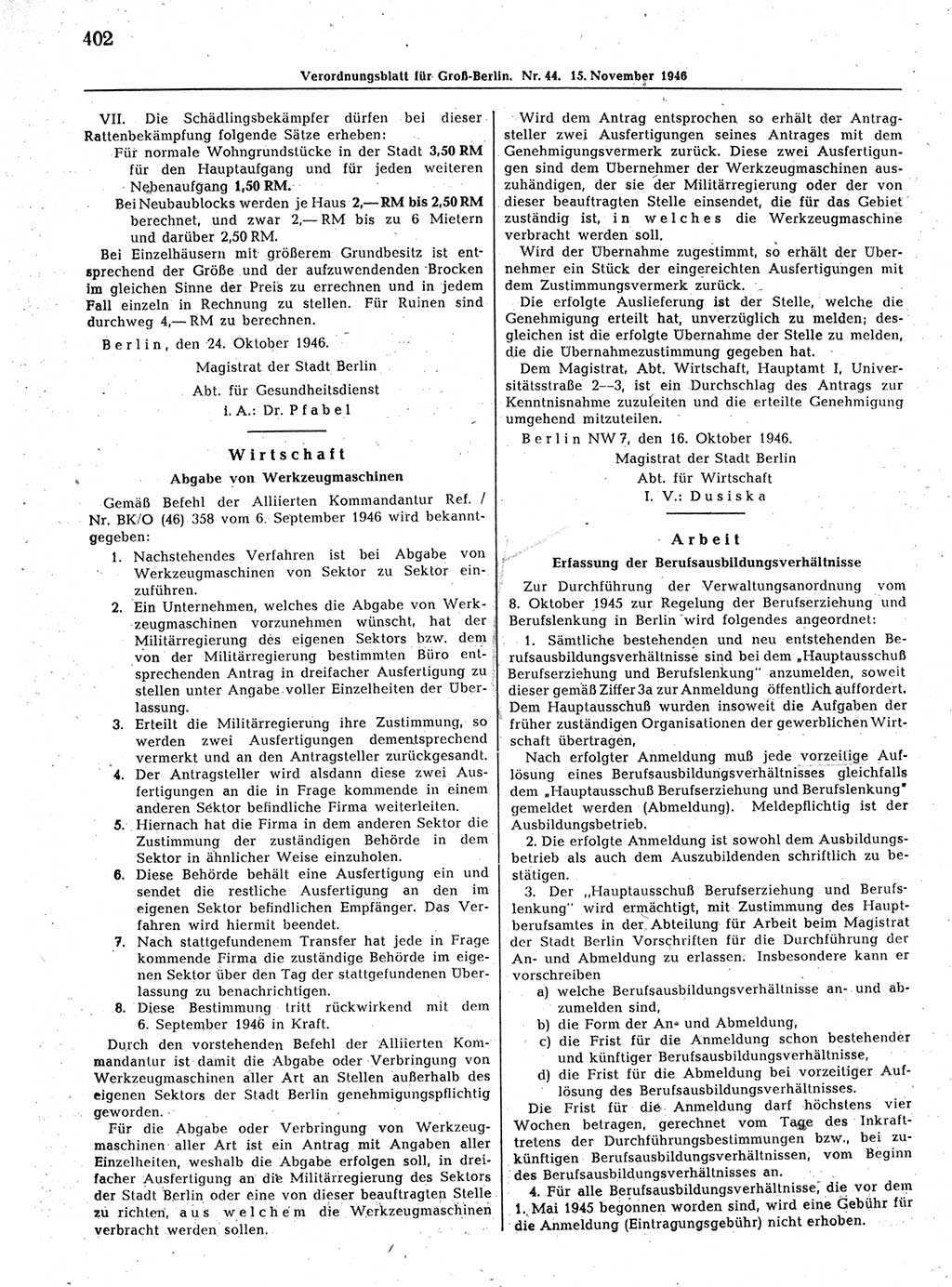 Verordnungsblatt (VOBl.) der Stadt Berlin, für Groß-Berlin 1946, Seite 402 (VOBl. Bln. 1946, S. 402)