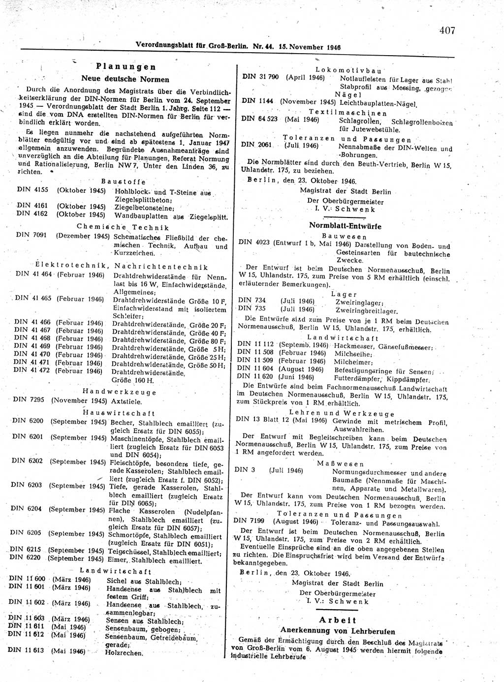 Verordnungsblatt (VOBl.) der Stadt Berlin, für Groß-Berlin 1946, Seite 407 (VOBl. Bln. 1946, S. 407)