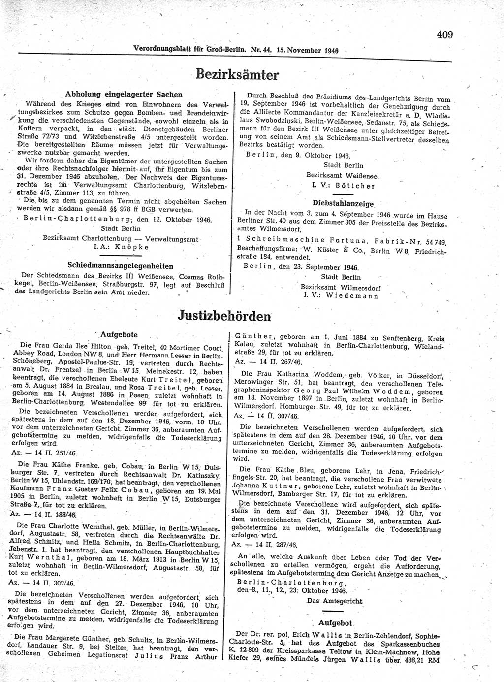 Verordnungsblatt (VOBl.) der Stadt Berlin, für Groß-Berlin 1946, Seite 409 (VOBl. Bln. 1946, S. 409)