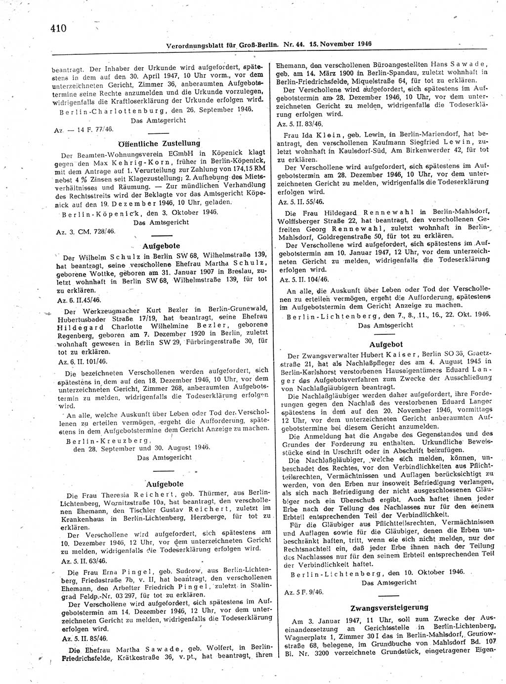 Verordnungsblatt (VOBl.) der Stadt Berlin, für Groß-Berlin 1946, Seite 410 (VOBl. Bln. 1946, S. 410)