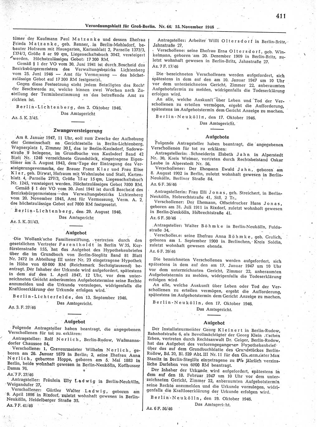 Verordnungsblatt (VOBl.) der Stadt Berlin, für Groß-Berlin 1946, Seite 411 (VOBl. Bln. 1946, S. 411)