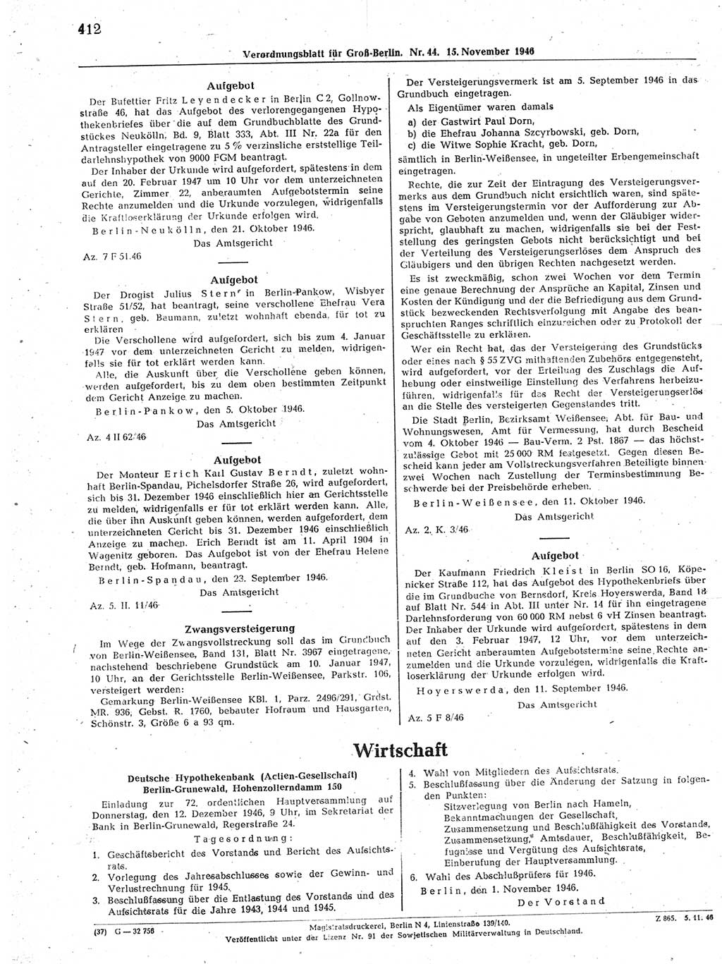 Verordnungsblatt (VOBl.) der Stadt Berlin, für Groß-Berlin 1946, Seite 412 (VOBl. Bln. 1946, S. 412)