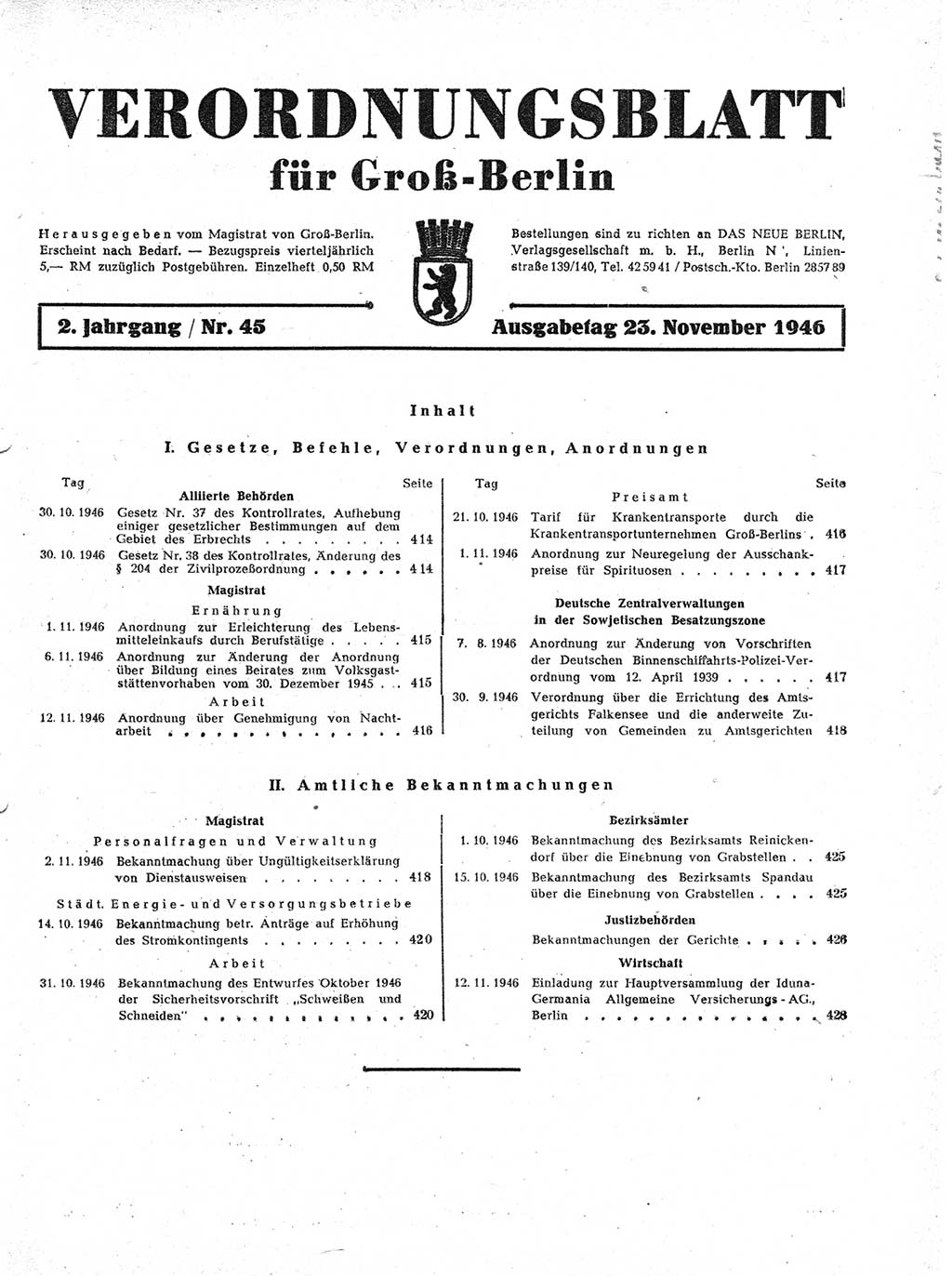Verordnungsblatt (VOBl.) der Stadt Berlin, für Groß-Berlin 1946, Seite 413 (VOBl. Bln. 1946, S. 413)