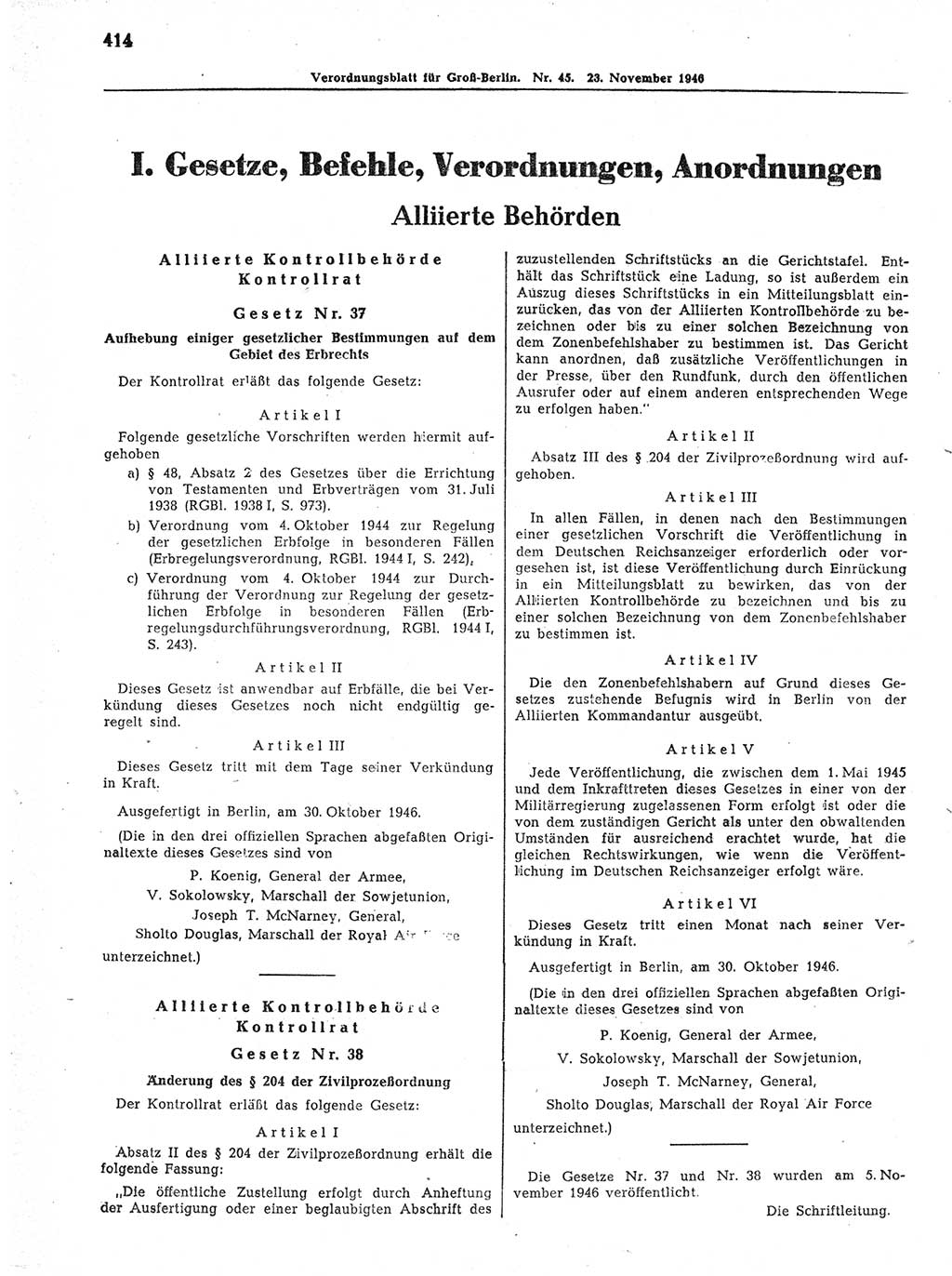 Verordnungsblatt (VOBl.) der Stadt Berlin, für Groß-Berlin 1946, Seite 414 (VOBl. Bln. 1946, S. 414)