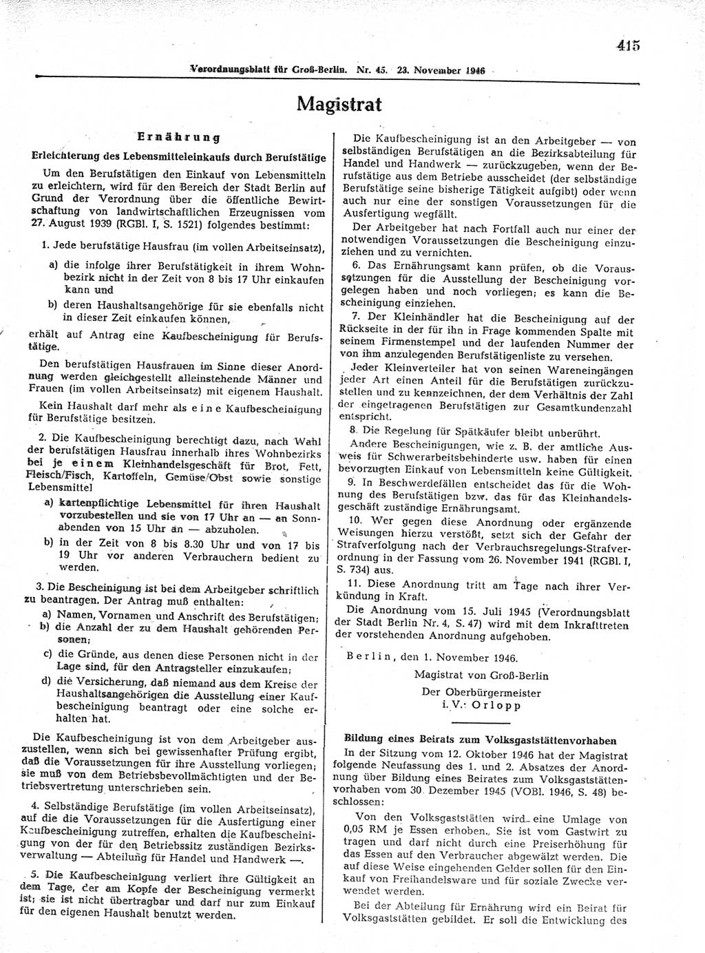 Verordnungsblatt (VOBl.) der Stadt Berlin, für Groß-Berlin 1946, Seite 415 (VOBl. Bln. 1946, S. 415)
