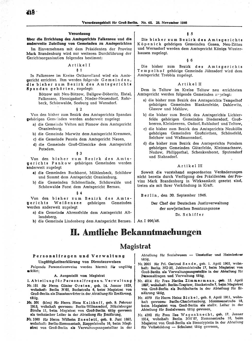 Verordnungsblatt (VOBl.) der Stadt Berlin, für Groß-Berlin 1946, Seite 418 (VOBl. Bln. 1946, S. 418)
