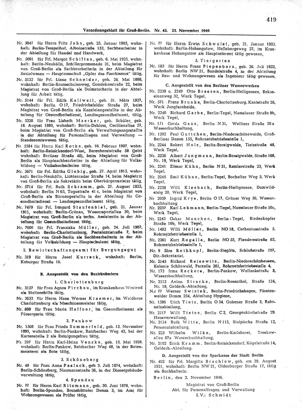 Verordnungsblatt (VOBl.) der Stadt Berlin, für Groß-Berlin 1946, Seite 419 (VOBl. Bln. 1946, S. 419)