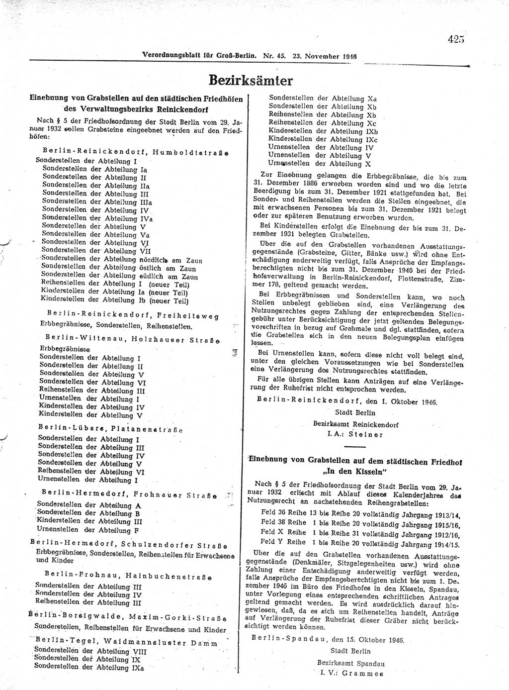 Verordnungsblatt (VOBl.) der Stadt Berlin, für Groß-Berlin 1946, Seite 425 (VOBl. Bln. 1946, S. 425)