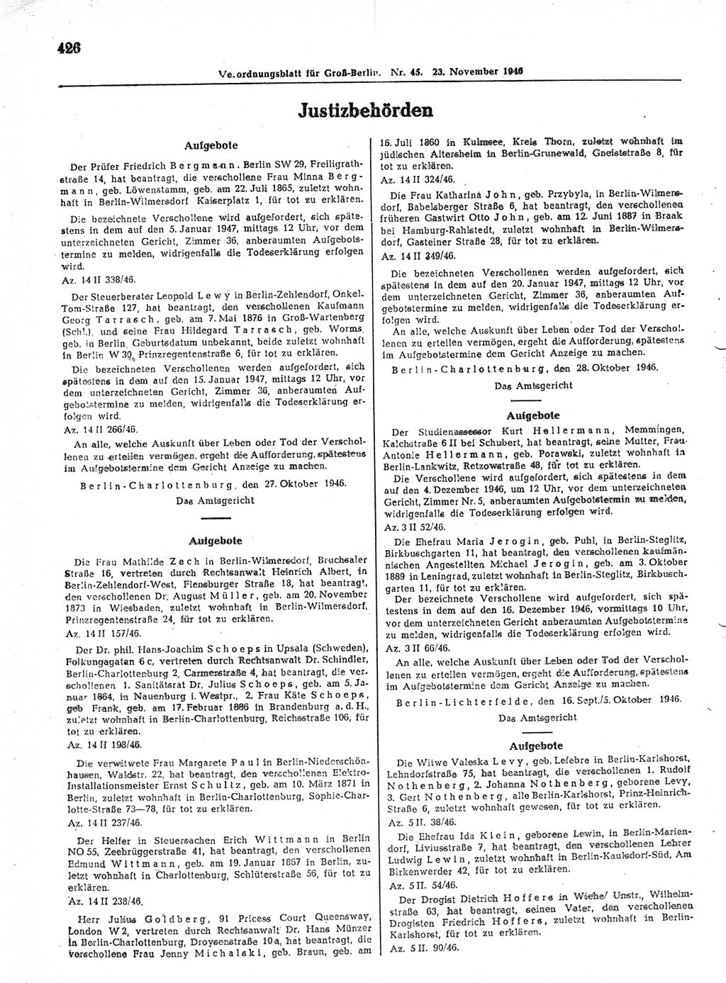 Verordnungsblatt (VOBl.) der Stadt Berlin, für Groß-Berlin 1946, Seite 426 (VOBl. Bln. 1946, S. 426)