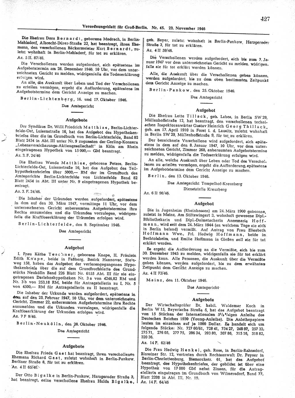 Verordnungsblatt (VOBl.) der Stadt Berlin, für Groß-Berlin 1946, Seite 427 (VOBl. Bln. 1946, S. 427)