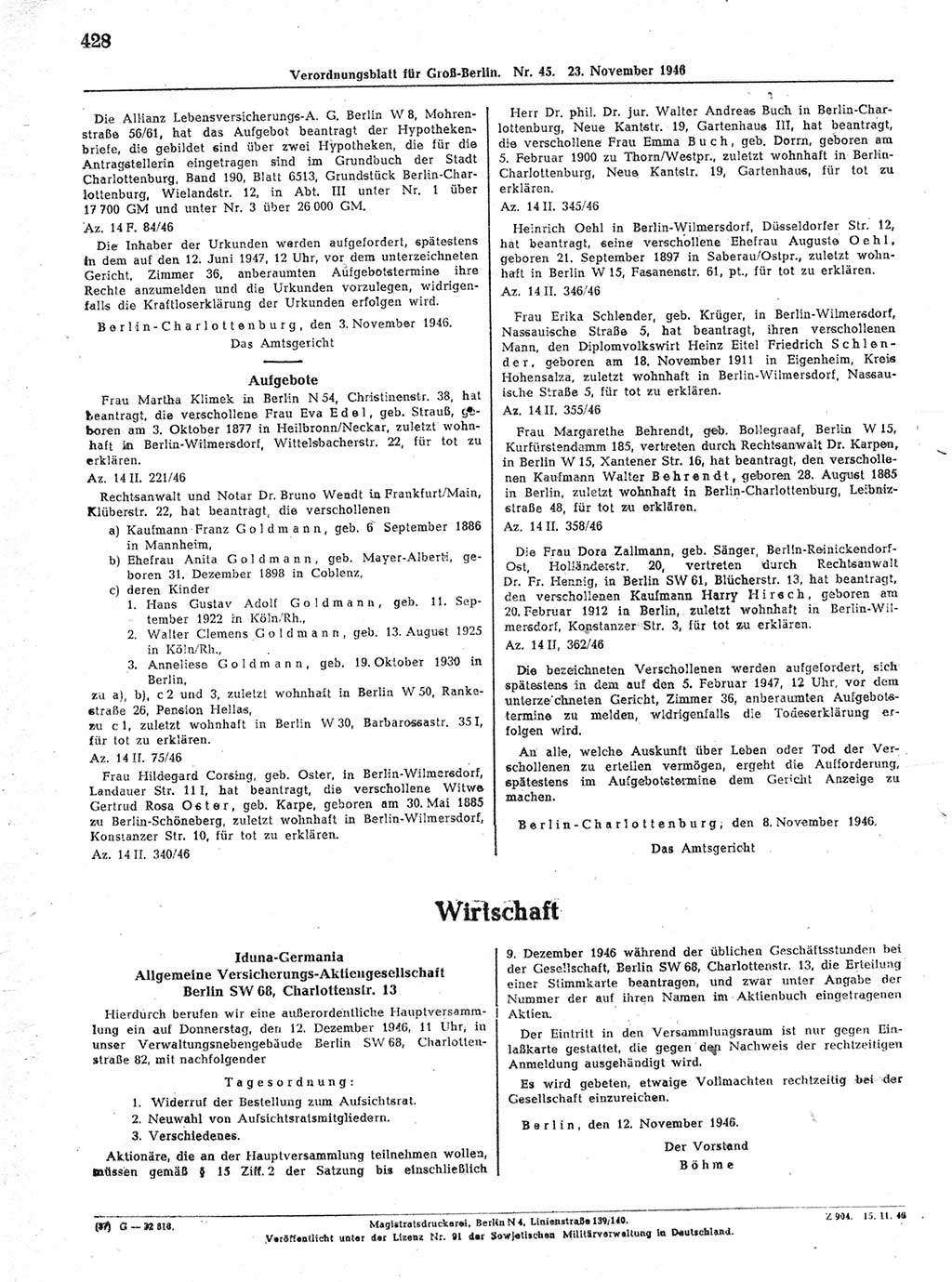Verordnungsblatt (VOBl.) der Stadt Berlin, für Groß-Berlin 1946, Seite 428 (VOBl. Bln. 1946, S. 428)