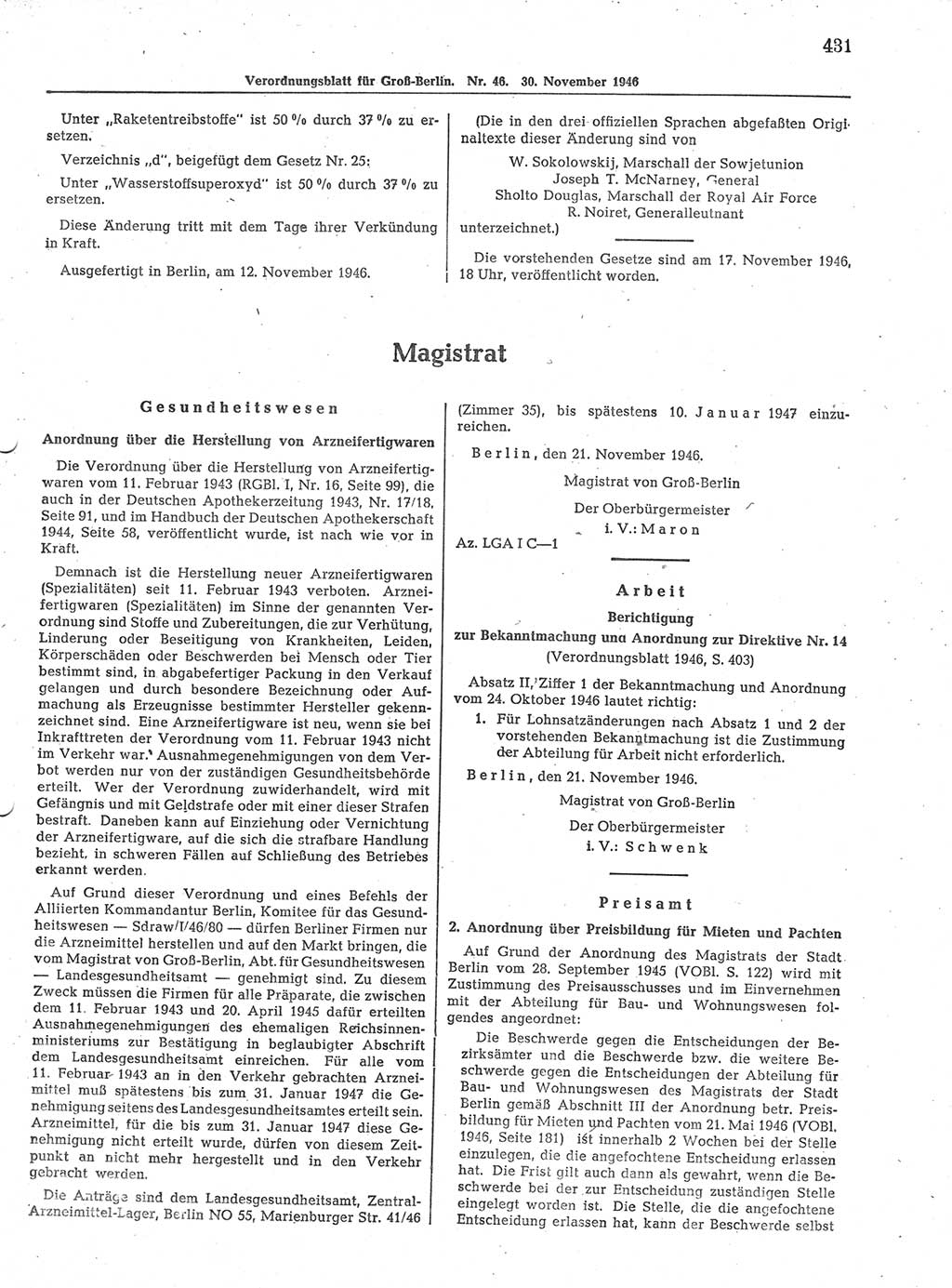 Verordnungsblatt (VOBl.) der Stadt Berlin, für Groß-Berlin 1946, Seite 431 (VOBl. Bln. 1946, S. 431)