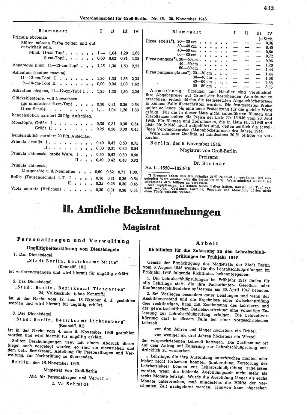 Verordnungsblatt (VOBl.) der Stadt Berlin, für Groß-Berlin 1946, Seite 433 (VOBl. Bln. 1946, S. 433)
