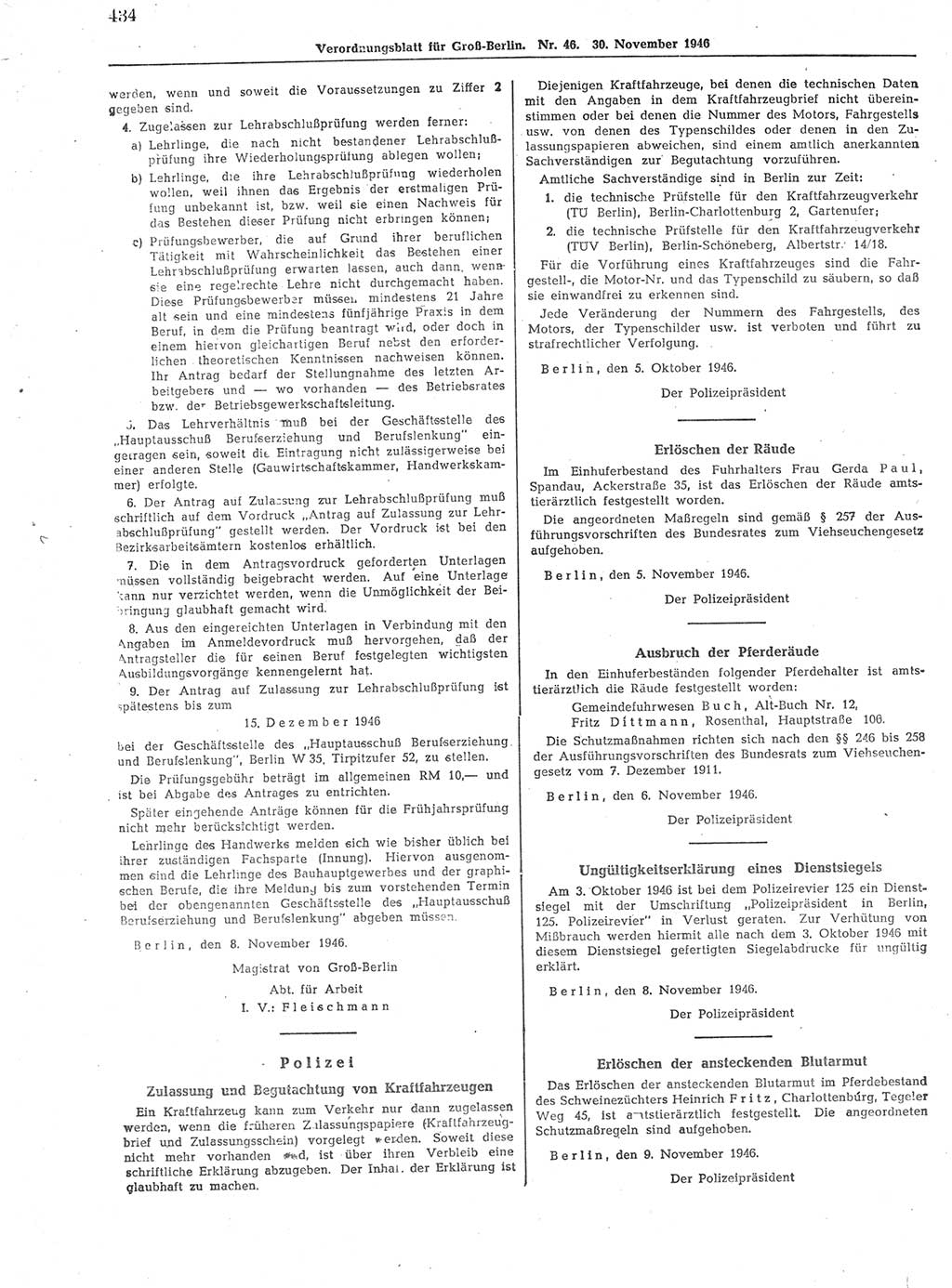 Verordnungsblatt (VOBl.) der Stadt Berlin, für Groß-Berlin 1946, Seite 434 (VOBl. Bln. 1946, S. 434)