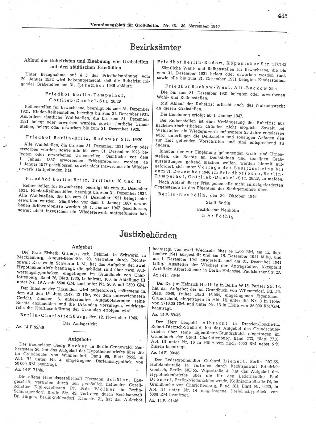 Verordnungsblatt (VOBl.) der Stadt Berlin, für Groß-Berlin 1946, Seite 435 (VOBl. Bln. 1946, S. 435)