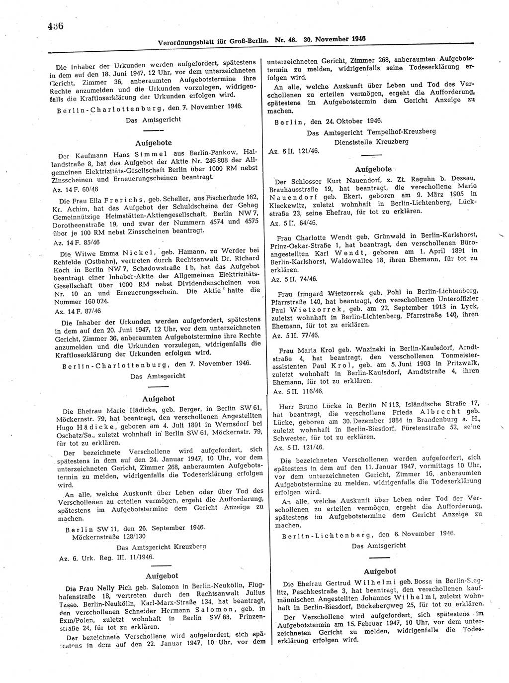 Verordnungsblatt (VOBl.) der Stadt Berlin, für Groß-Berlin 1946, Seite 436 (VOBl. Bln. 1946, S. 436)