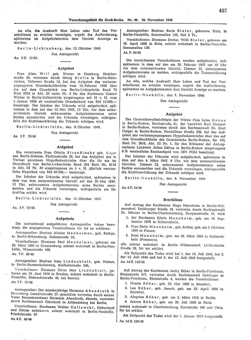 Verordnungsblatt (VOBl.) der Stadt Berlin, für Groß-Berlin 1946, Seite 437 (VOBl. Bln. 1946, S. 437)