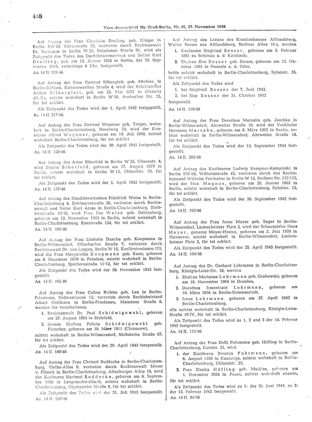 Verordnungsblatt (VOBl.) der Stadt Berlin, für Groß-Berlin 1946, Seite 438 (VOBl. Bln. 1946, S. 438)