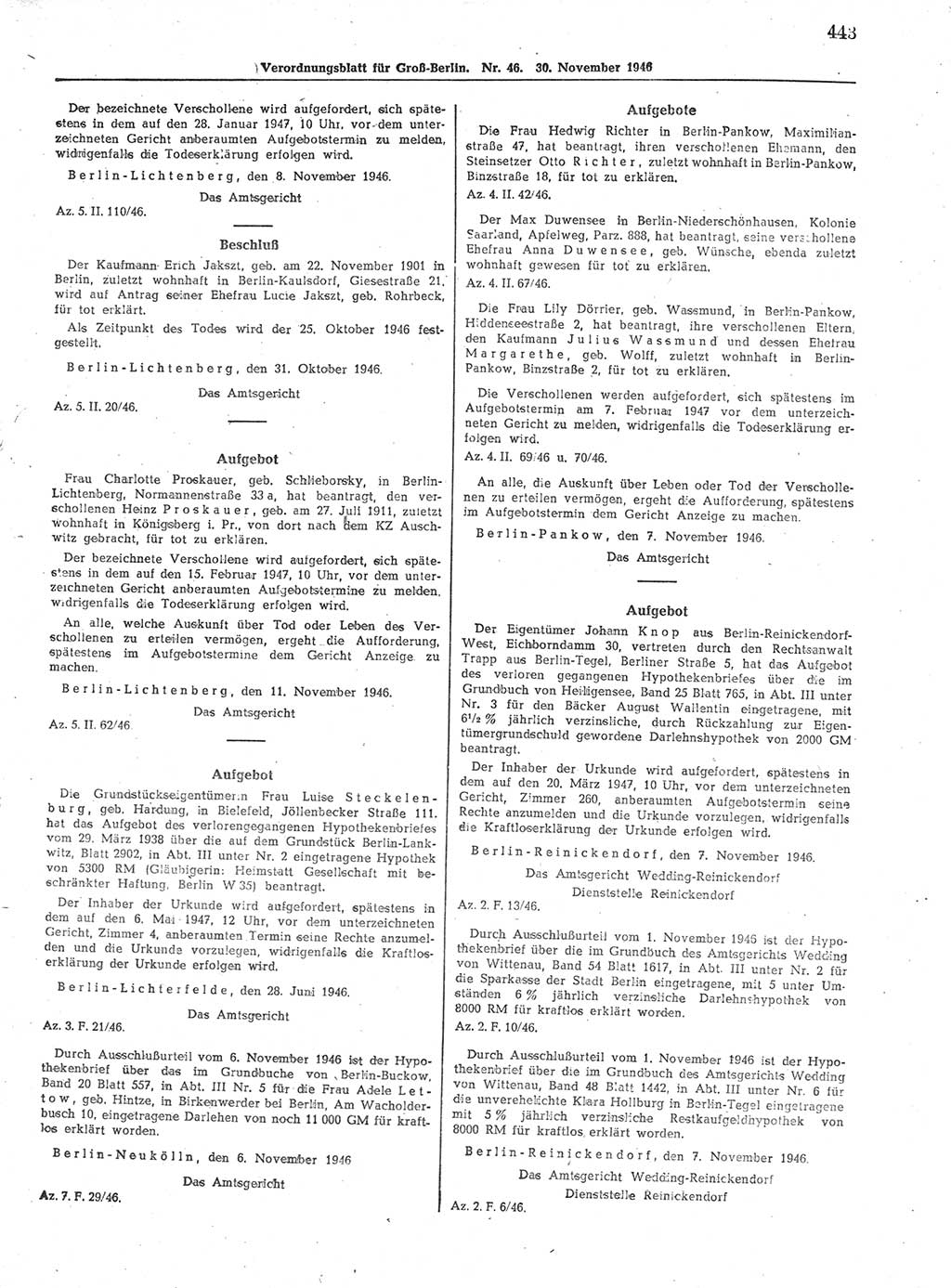 Verordnungsblatt (VOBl.) der Stadt Berlin, für Groß-Berlin 1946, Seite 443 (VOBl. Bln. 1946, S. 443)