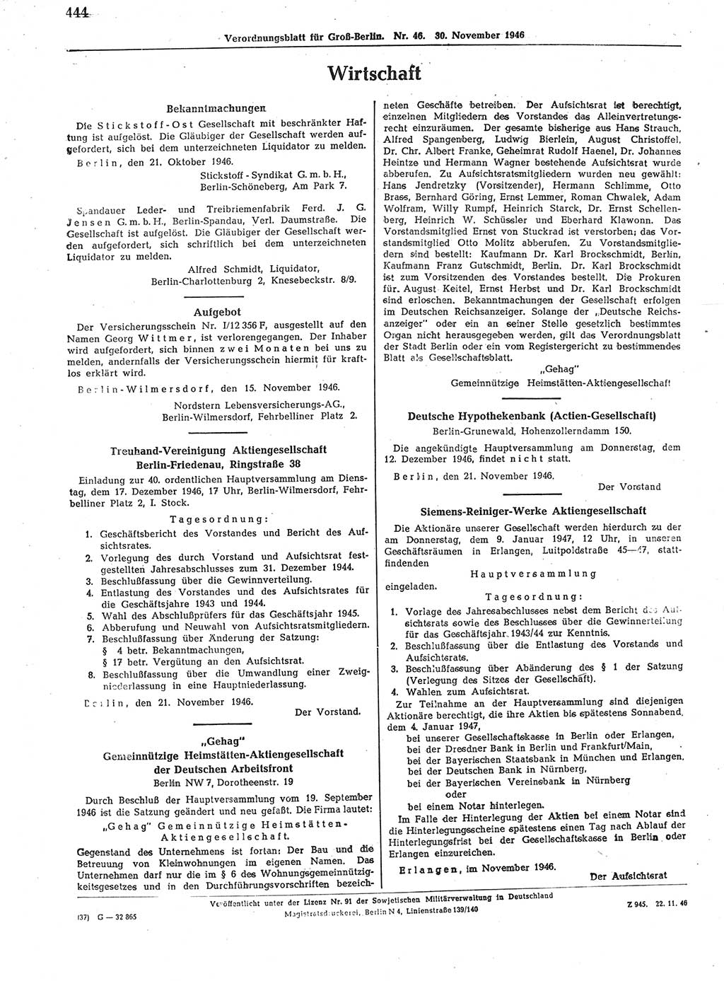 Verordnungsblatt (VOBl.) der Stadt Berlin, für Groß-Berlin 1946, Seite 444 (VOBl. Bln. 1946, S. 444)