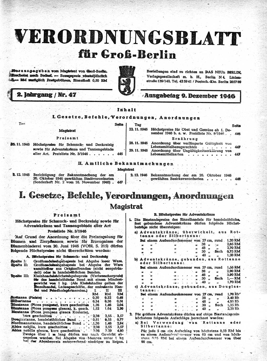Verordnungsblatt (VOBl.) der Stadt Berlin, für Groß-Berlin 1946, Seite 445 (VOBl. Bln. 1946, S. 445)