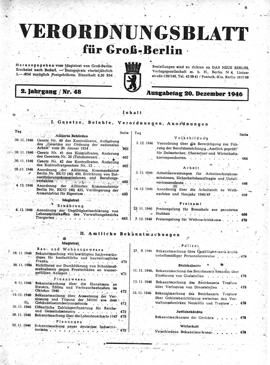 Verordnungsblatt (VOBl.) der Stadt Berlin, für Groß-Berlin 1946, Seite 461 (VOBl. Bln. 1946, S. 461)